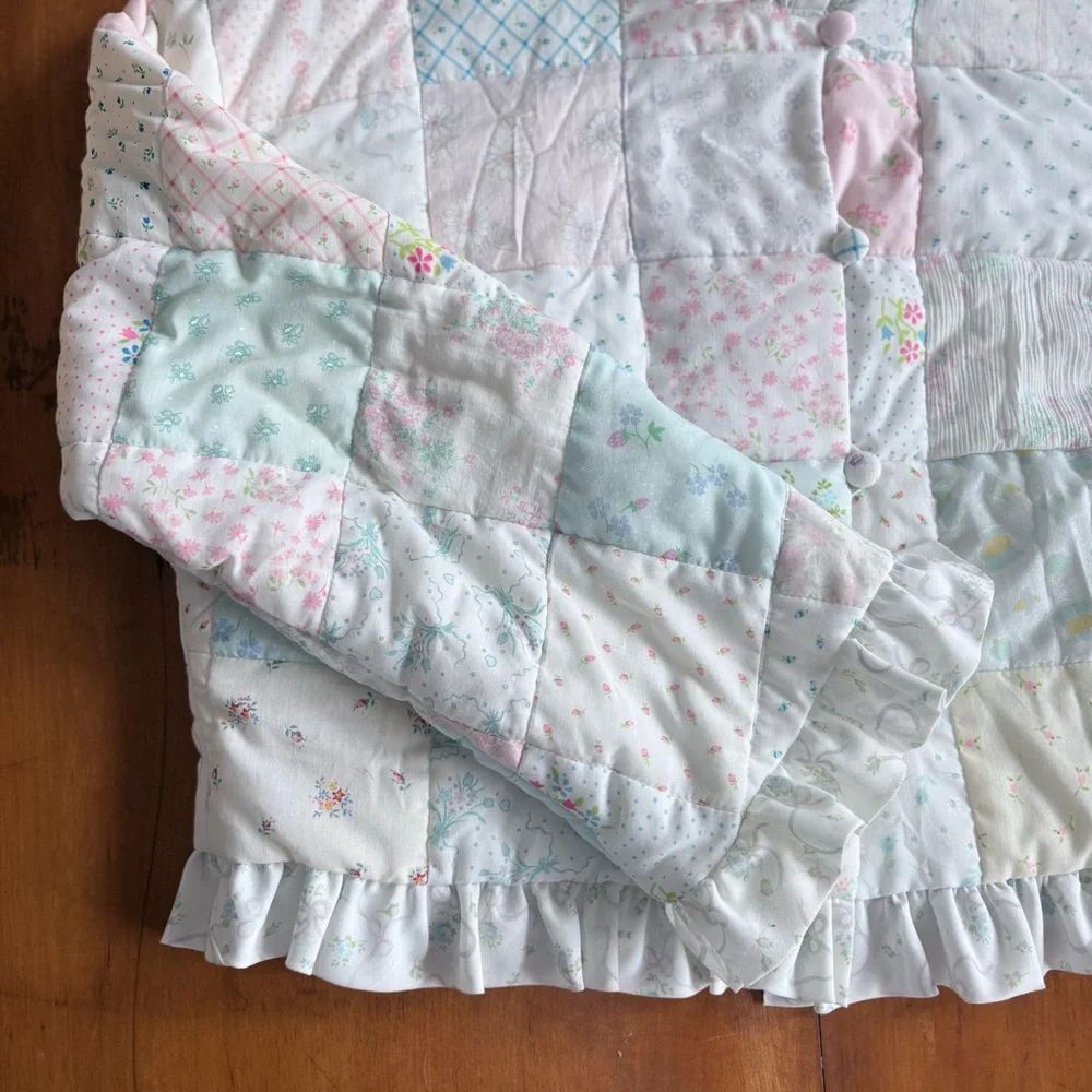 Vintage Handmade Quilted Pastel Ruffle Cropped Long Sleeve Jacket Size Medium - Picture 5 of 10